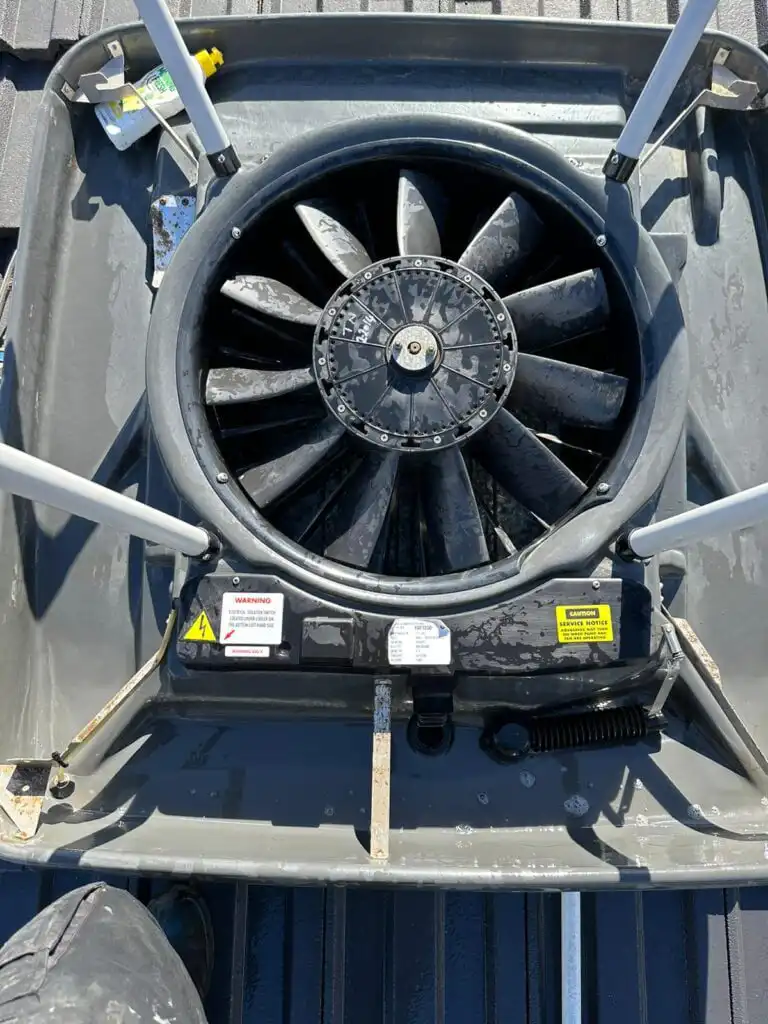 Evaporative cooling system fan unit ready for maintenance and repair service